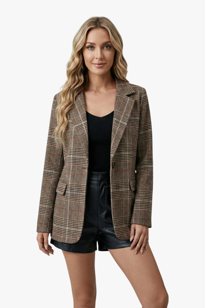 Damen Karierter Blazer mit Kragen und Knöpfen