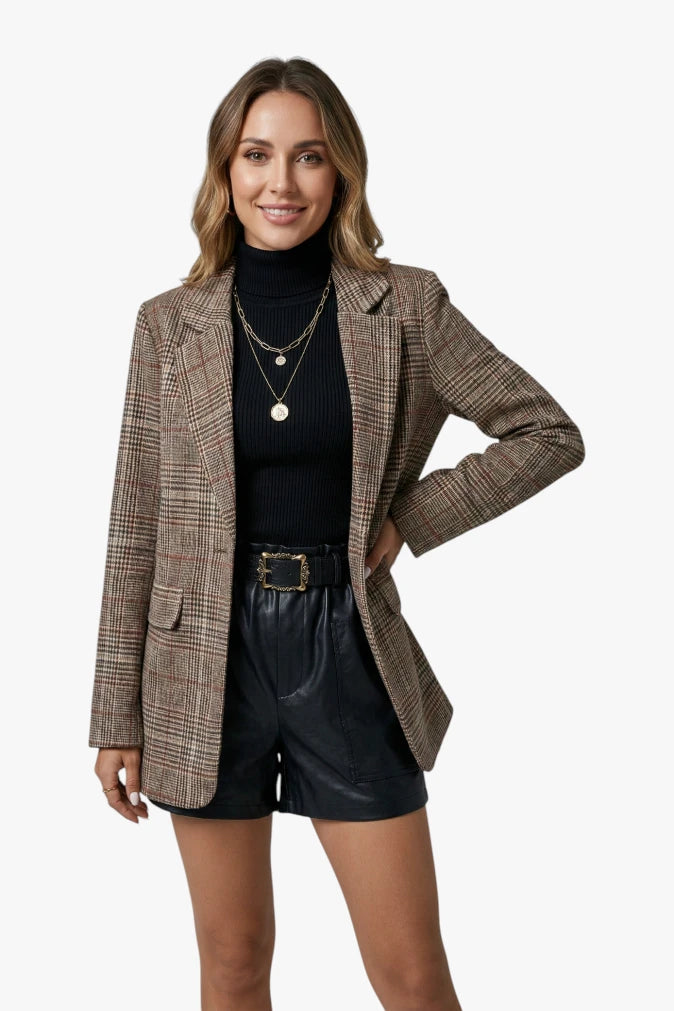 Damen Karierter Blazer mit Kragen und Knöpfen