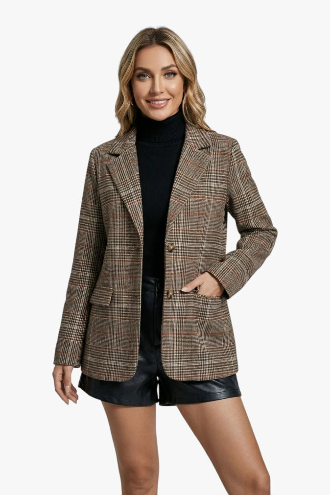 Damen Karierter Blazer mit Kragen und Knöpfen